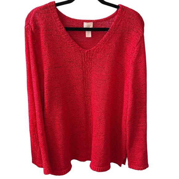 Chico's Red Knit Sweater V-Neck Long Sleeve Lightweight Size 3 XL/16 - Picture 1 of 9